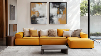 Interior design of modern living room with yellow sofa and dual abstract paintings
