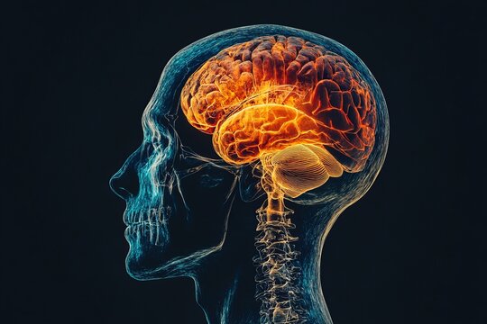 X-ray of a human silhouette with a visible brain inside the head isolated on a black background with space for text or inscriptions

