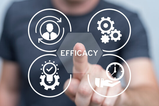 Person using virtual touchscreen presses word: EFFICACY. Efficacy Business Concept. Self-efficacy. Efficient work and effective workflow.