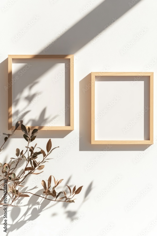 Poster two empty wooden frames with leaf shadow on white wall