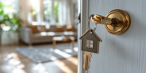A House-Shaped Key Hanging In A Door Lock