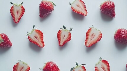   A cluster of red strawberries positioned on a table beside one another atop a white background
