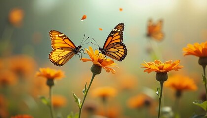 Fototapeta premium A delicate monarch butterfly gracefully flits above bright orange flowers, surrounded by a soft, blurred background that evokes a serene garden atmosphere. Generative AI