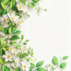 Vibrant Flower Border with Green Leaves on white background and space fot text