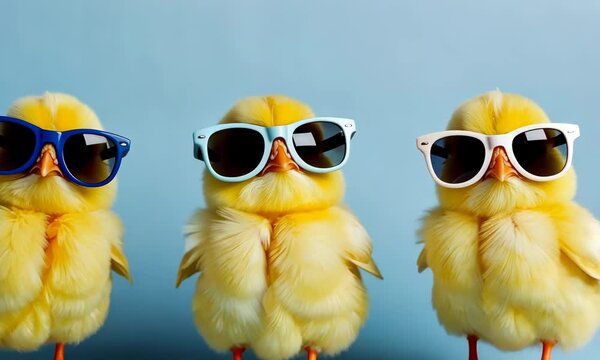 Three cool yellow chicks wearing sunglasses and dancing against blue background. Easter greeting card