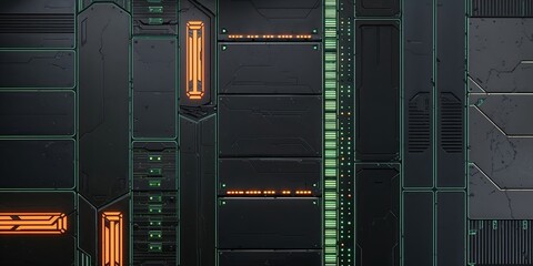 Dark Sci Fi Metal Wall Texture with Orange and Green Lights