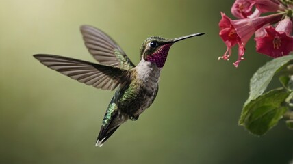 Colorful hummingbird in flight with vibrant feathers and spread wings