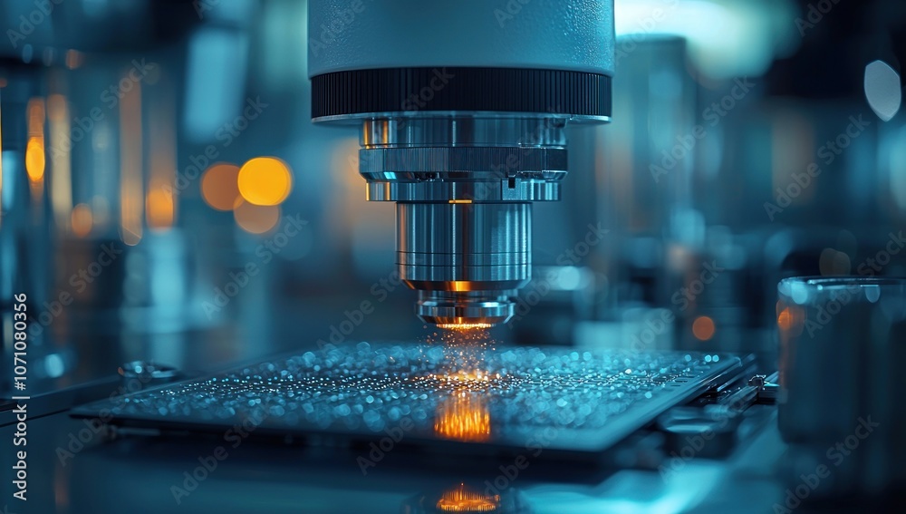 Poster Close-up of a Microscope Lens Focused on a Circuit Board with Sparkles