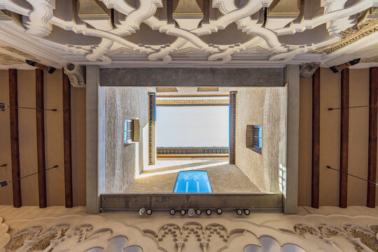 Zaragoza, Spain - July 23, 2024 : Palacio de la Aljaferia Palace. Mixtilinear arches and springers Fortified medieval palace, now House of Aragon regional parliament