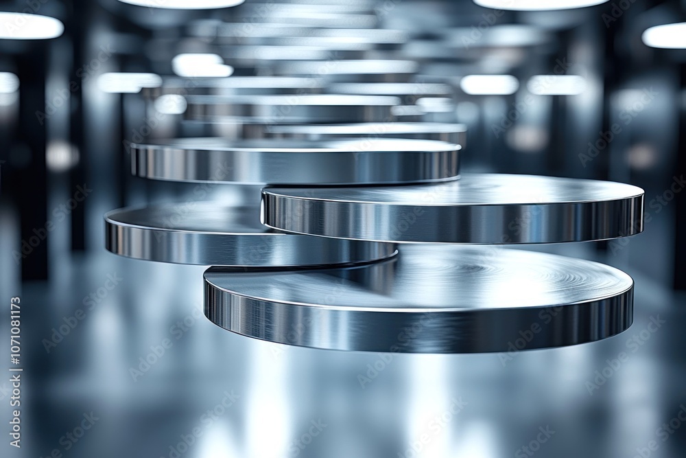 Poster stack of shiny metal discs with brushed surface