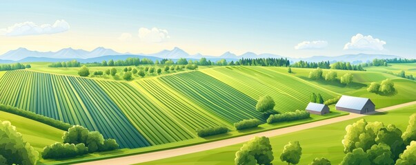 Naklejka premium A vibrant landscape featuring rolling green fields, vineyards