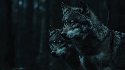 depths shadowy forest noble adult wolf stands guard she wolf their fierce gazes reflecting mystery and allure wilderness.