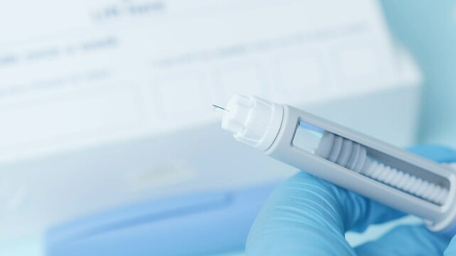 Close up on a needle on a diabetic medication pen. Hands with blue glowes taping pen. High quality 4k footage