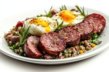 Platter of blood sausage barley salad and egg on a white background