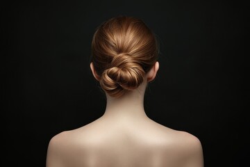 Portrait of a beautiful woman with bare shoulders and a bun facing away in a dark studio showcasing natural beauty makeup and fashion Softly filtered image with room for t