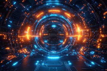 Obraz premium Futuristic Cybernetic Tunnel with Glowing Orange and Blue Lines