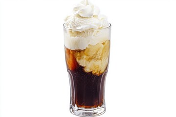 An ice cream float with vanilla ice cream and soda in a tall glass, topped with whipped cream.