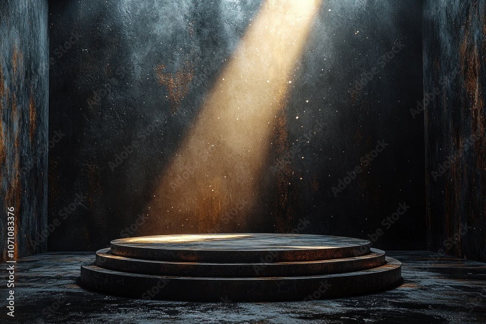 Aufkleber a circular platform illuminated by a light beam in a dark room with grungy walls