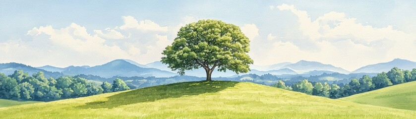 Fototapeta premium A solitary tree stands on a green hill, surrounded by mountains under a bright blue sky