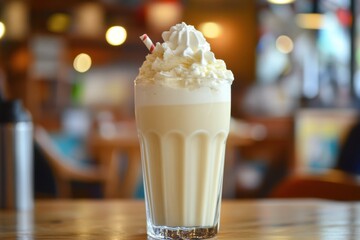 An ice cream float with vanilla ice cream and soda in a tall glass, topped with whipped cream.