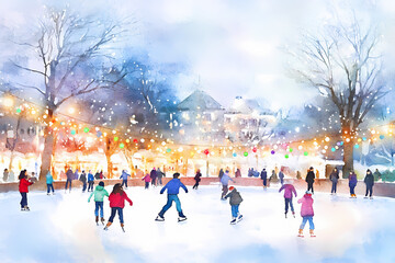 watercolor illustration of people skating on an ice rink in the park