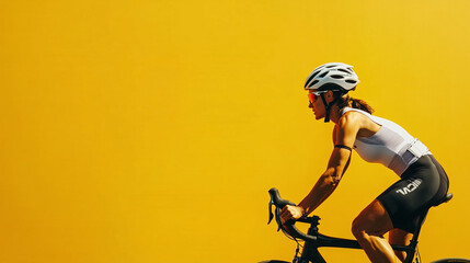 Determined Triathlete in Gear Against a Cheerful Yellow Background