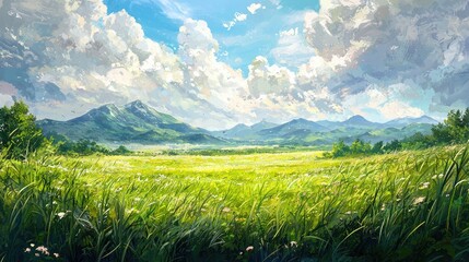 A picturesque landscape with rolling green hills, lush meadows, and a bright blue sky.