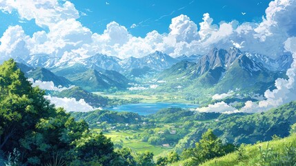 A picturesque landscape with snow-capped mountains, a valley, a lake, and a village in the foreground, all under a clear blue sky with fluffy white clouds.