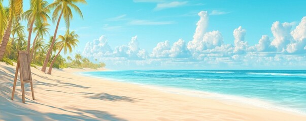 Fototapeta premium A serene beach scene with golden sand, swaying palm trees, and a tranquil blue ocean
