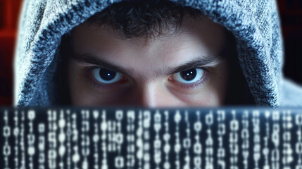  A shadowy figure cloaked in a hoodie, embodying a hacker, with a chaotic swirl of binary code in the background, symbolizing the complex and dangerous digital world of cyber threats.