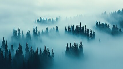 Obraz premium A dense forest covers a misty hillside, featuring numerous trees in the foreground