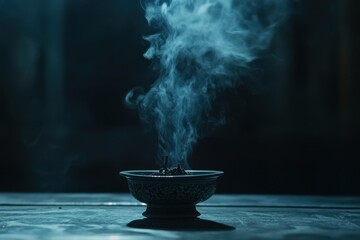 Sage incense burns on a ceramic holder against a dark backdrop with a blurred focus