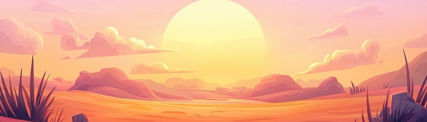 Fototapeta premium A serene desert landscape at sunset, featuring a vibrant sky and silhouetted mountains