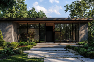 A front view of the entrance to a modernist house, surrounded by greenery and trees, with large glass windows on one side and concrete walls on the other.
