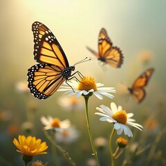 Fototapeta premium A delicate monarch butterfly gracefully flits above bright orange flowers, surrounded by a soft, blurred background that evokes a serene garden atmosphere. Generative AI