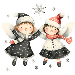 watercolor art kids plaing in snow