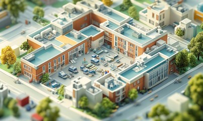 Isometric hospital with multiple departments, from emergency rooms to operating theaters, detailed and functional, 3D illustration