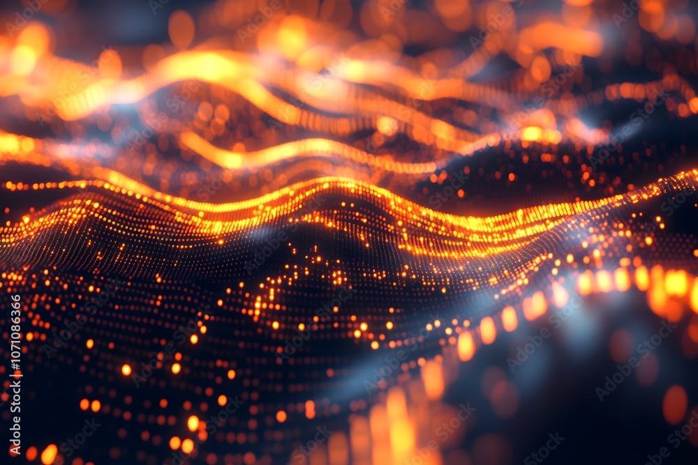 Canvas Prints dynamic flow of glowing orange waves and dotted lights in a futuristic abstract setting, captivating