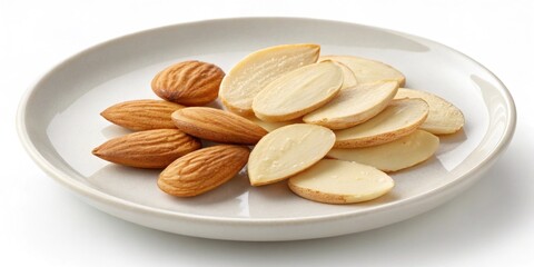 A charming arrangement of sliced almonds their pale nutty color and smooth surfaces spread across a plain white plate.