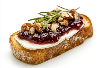 White background image of a nut topped slice of toasted bread with brie and cherry jam
