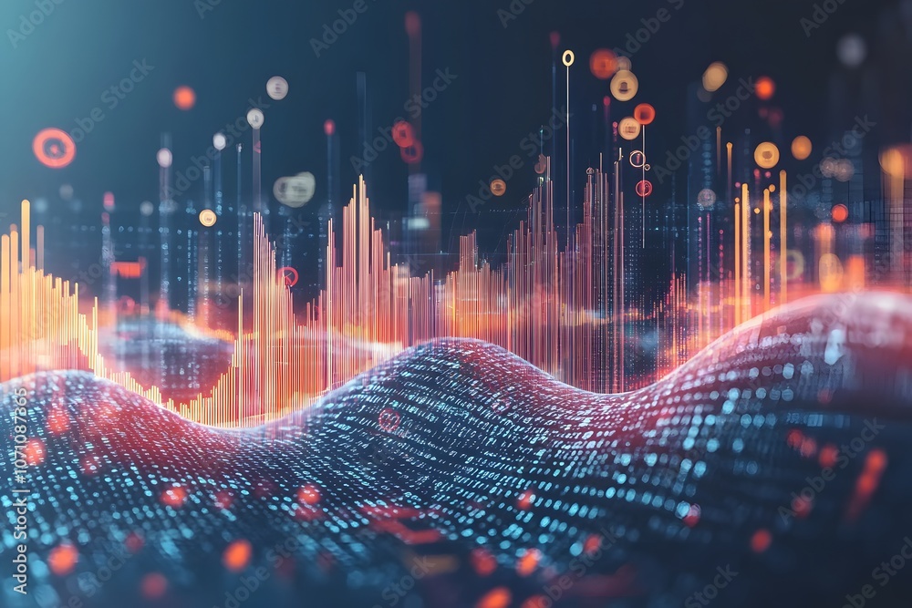 Sticker abstract digital wave of data points and bar graphs in vibrant hues, representing analytics and tech
