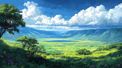 A picturesque valley with rolling hills and a lake under a blue sky with fluffy clouds.