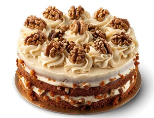 Whole carrot cake with cream cheese frosting and decorative walnut topping, presented on a white cake stand against a clean white background