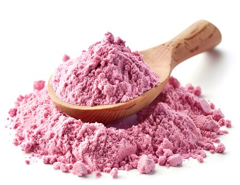 BCAA protein powder in vibrant pink color piled on a wooden spoon, isolated against a clean white background for health and fitness concepts
