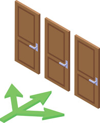 Three doors and three green arrows showing different directions representing choice, opportunity, solution and decision making