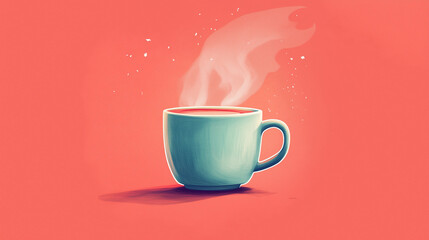  A steaming mug of tea against a red background, with gentle wisps of steam rising, creating a warm and inviting atmosphere