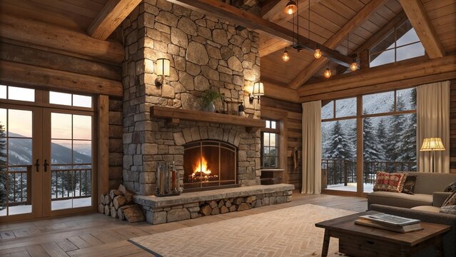 Cozy log cabin interior with stone fireplace and mountain view.