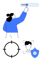 Person adjusting a toggle switch, a circular target symbol, user profile outline, shield with a checkmark icon. Ideal for UX design, user settings, security, personalization, target audience