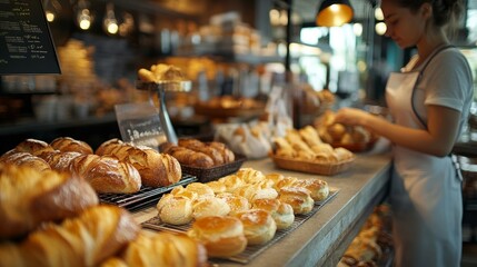 A woman with bread in a bustling bakery serves food, goods, and pastries for small businesses. Coffee shop, restaurant, and staff for assistance, baked products, and service in the store