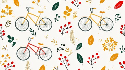   A photograph of a bicycle surrounded by autumnal foliage and fruit on a pure white backdrop, featuring shades of red, green, yellow, and orange